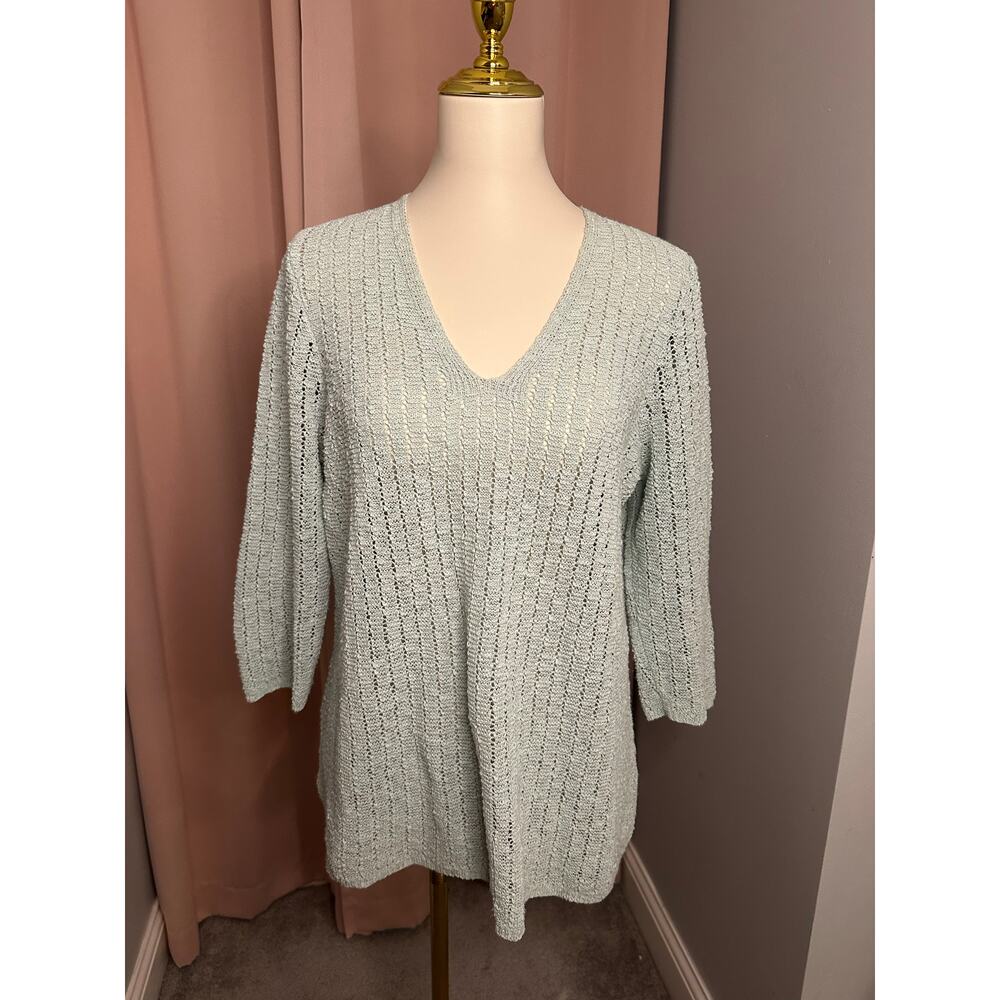 EUC J. Jill Open Knit V-Neck Sweater 3/4 Sleeves Sz PL Petite Large Coastal